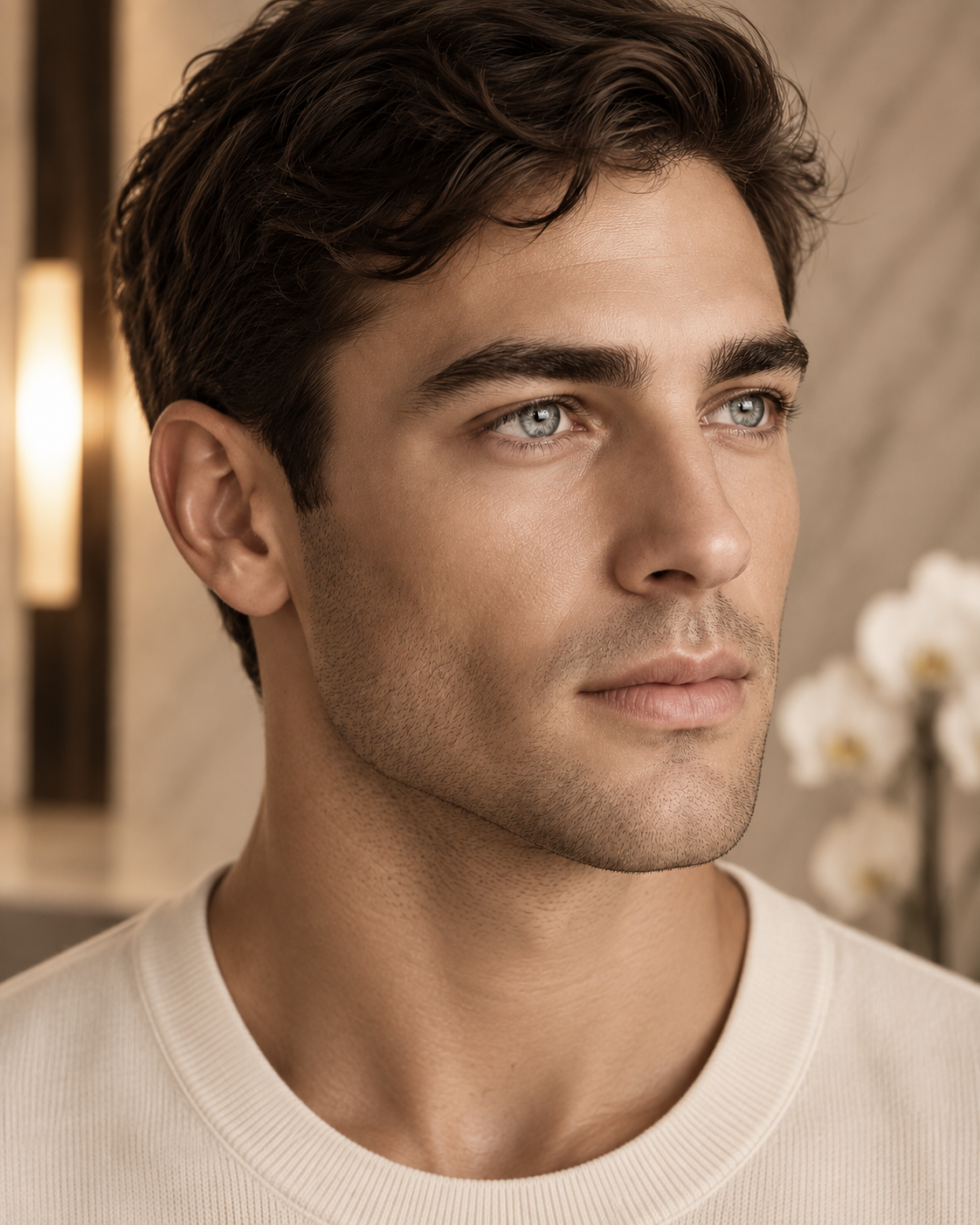 Male model illustrating face implants